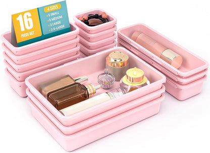 StoreHappily 10 PCS Drawer Organizer Set, 4 Size Makeup Drawer Divider Organizer With Non-Slip Pads, Interlocking Plastic Storage Bins for Office,Jewelry Vanity,Gadgets, Bathroom,Kitchen, Black