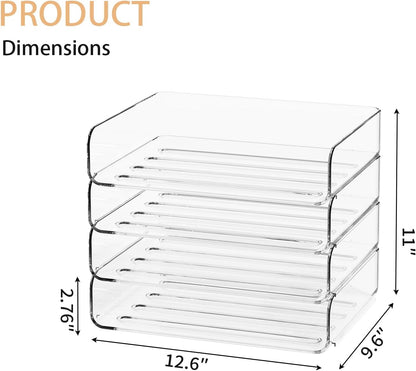 FANXIYQ 4-Tier Acrylic Paper Tray Organizer - Low-Profile Desk File Sorter for Office/Home, Clear Stackable Letter Tray for Bills, Crafts, Notebooks