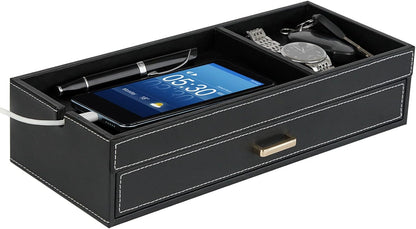 HofferRuffer Valet Jewelry Tray Organizer with Drawer, Faux Leather Storage Catchall Box Phone Charging Station Tray with Dresser Nightstand Desktop Drawer Organizer (Black)