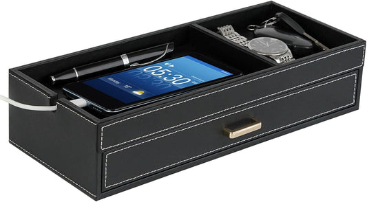 HofferRuffer Valet Jewelry Tray Organizer with Drawer, Faux Leather Storage Catchall Box Phone Charging Station Tray with Dresser Nightstand Desktop Drawer Organizer (Black)