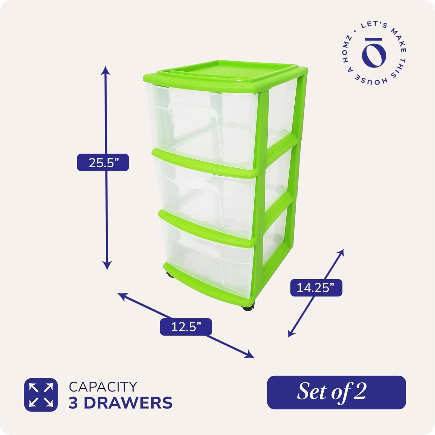 HOMZ Drawer Tower, 3-Tier Rolling Storage Cart with Removable Wheels, White Frame – Plastic Organizer with Clear Bin Drawers for Bedroom, Bathroom, Home Office, and Dorm Room