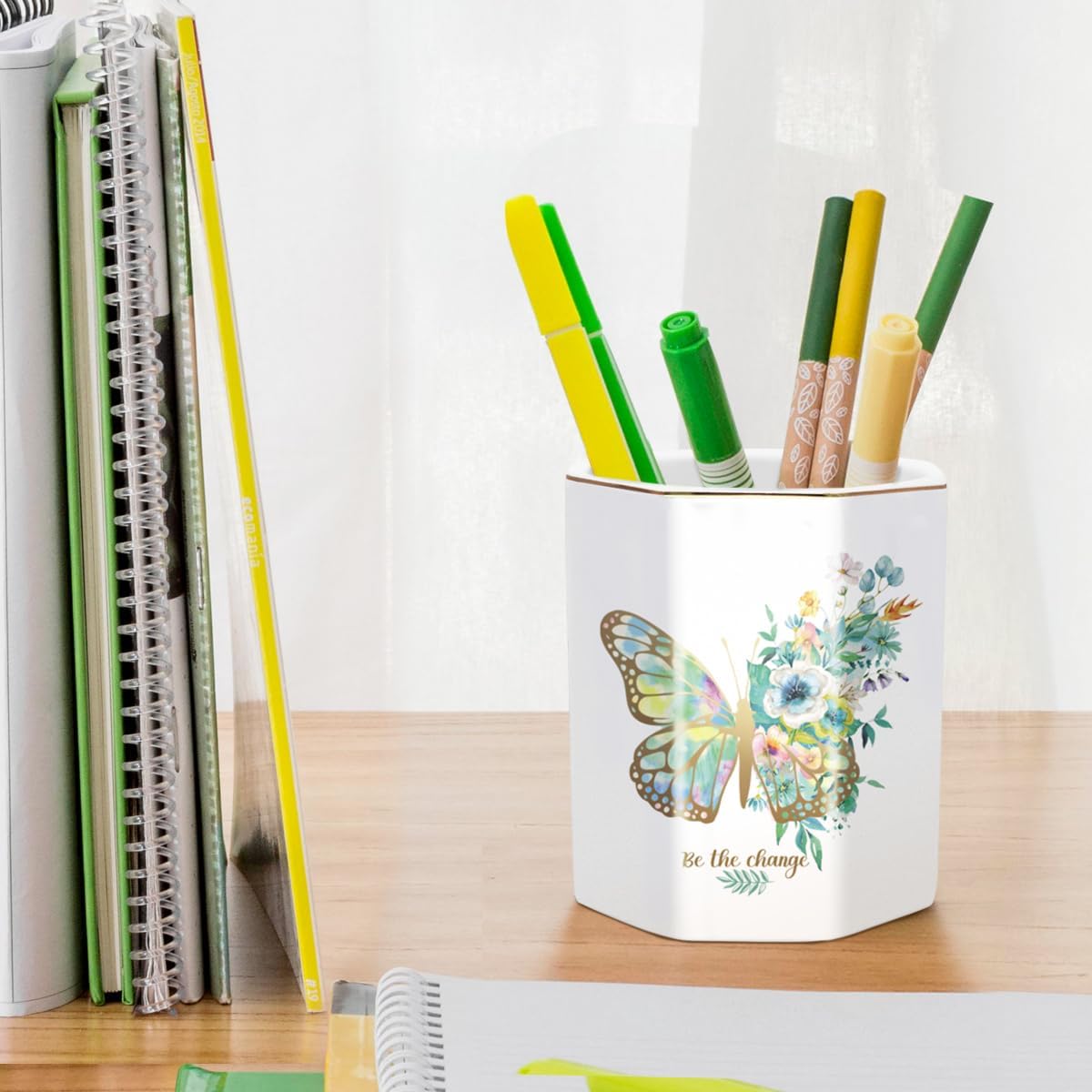 WAVEYU Ceramic Pen Holder for Desk Cute, Pencil Cup Pot Desk Organizer, Makeup Brush Holder for Women, Men, Kids, Desk Marble Decor for Office, Classroom, Home, Gray Golden