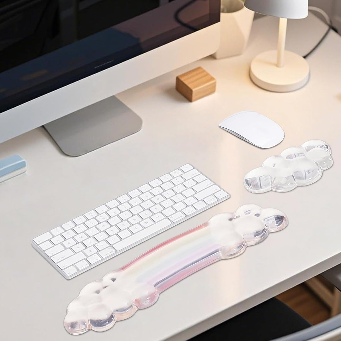 MEGREZ Clear Gel Wrist Rest for Keyboard and Mouse, Cute Crystal Gel WristRest, Ergonomic Wrist Rest Set, Cloud Wrist Rest Keyboard, Pink
