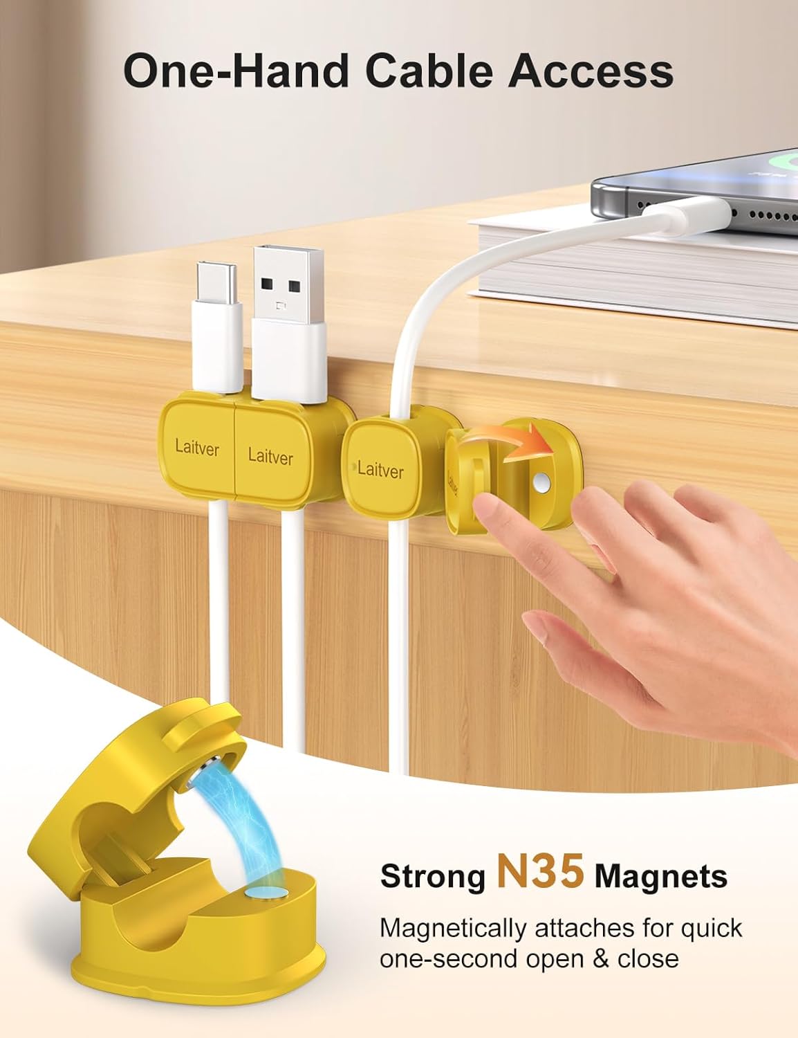6 Pack Magnetic Cable Clips [1s Open/Lock], Laitver Cord Organizer Holder Strong Adhesive Desk Cable Management- Organize Charging Cords Neatly for Home, Office, Car,Desk, Nightstand