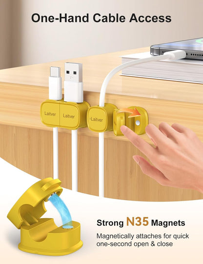 6 Pack Magnetic Cable Clips [1s Open/Lock], Laitver Cord Organizer Holder Strong Adhesive Desk Cable Management- Organize Charging Cords Neatly for Home, Office, Car,Desk, Nightstand