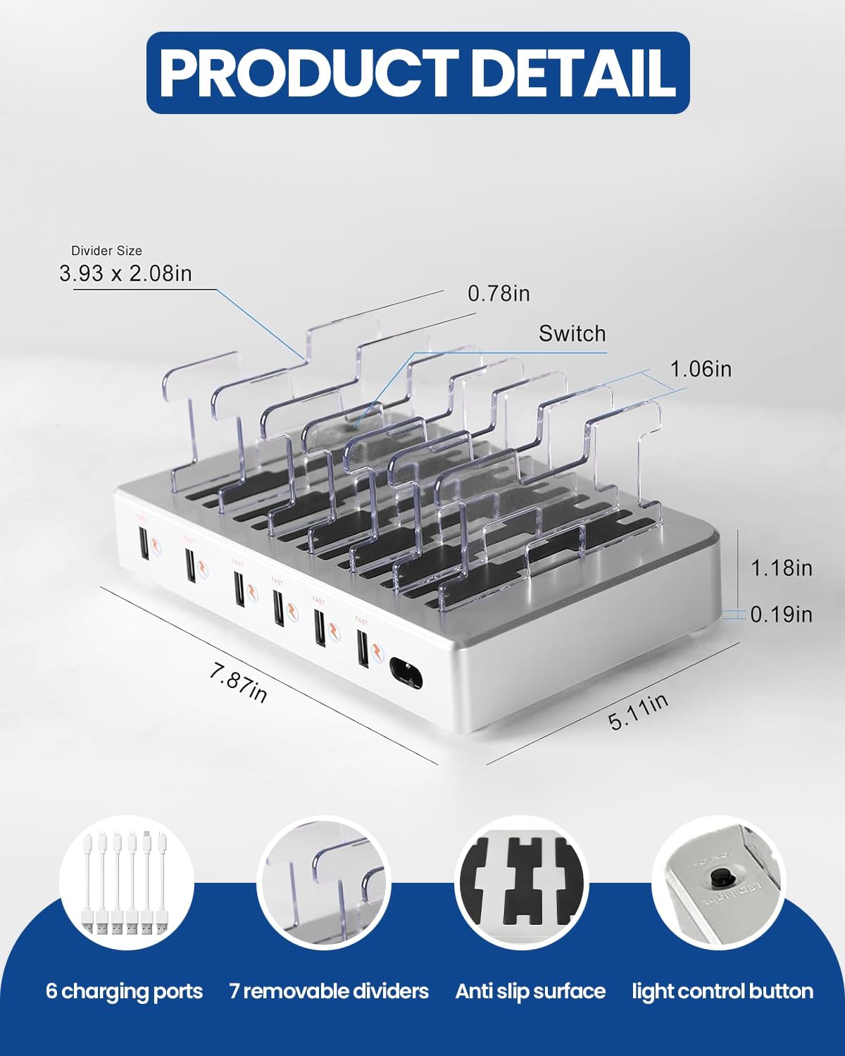 6-Port USB Charging Station with 6 Included Cables, Fast Charging Hub for iPhone Android Cell Phone, Tablet, Smartwatch - Multi Port Desktop Organizer (Silver)