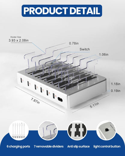6-Port USB Charging Station with 6 Included Cables, Fast Charging Hub for iPhone Android Cell Phone, Tablet, Smartwatch - Multi Port Desktop Organizer (Silver)