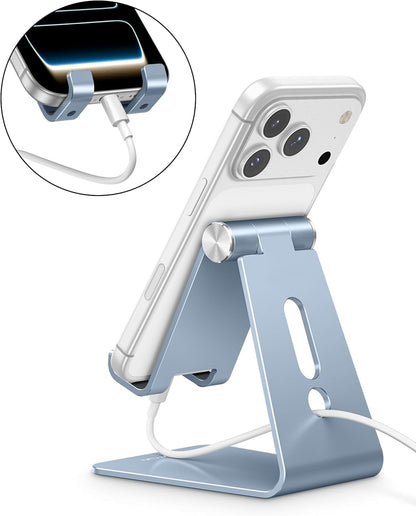 Adjustable Cell Phone Stand, OMOTON Aluminum Desktop Cellphone Stand with Anti-Slip Base and Convenient Charging Port, Fits All Smart Phones, Silver
