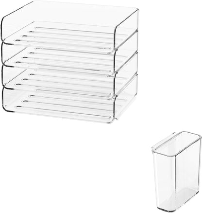 FANXIYQ 4-Tier Acrylic Paper Tray Organizer - Low-Profile Desk File Sorter for Office/Home, Clear Stackable Letter Tray for Bills, Crafts, Notebooks