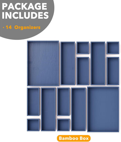 SpaceAid 14-Piece Bamboo Drawer Organizer Storage Boxes Set, Wood Tray Junk Drawer Organizers Multi-Use Divider Bins for Kitchen, Bathroom, Office Desk and Makeup Organization (14 Pack, Natural)