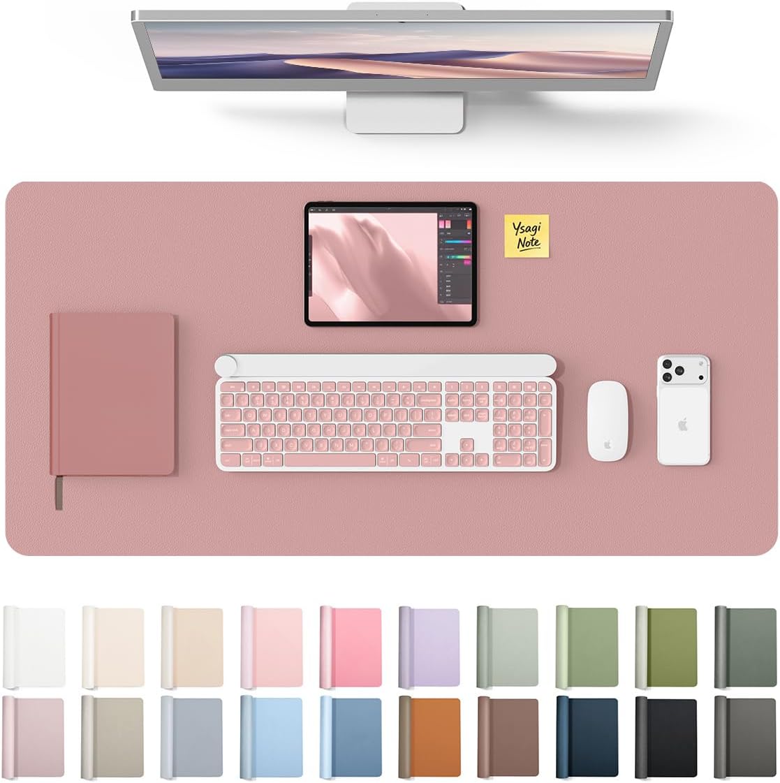 YSAGi Leather Desk Protector, Office Mat, Large Mouse Mat, Non-Slip PU Leather Blotter, Laptop Pad, Waterproof Writing Pad for Office and Home (Light Pink, 23.6" x 13.8") - Colors B