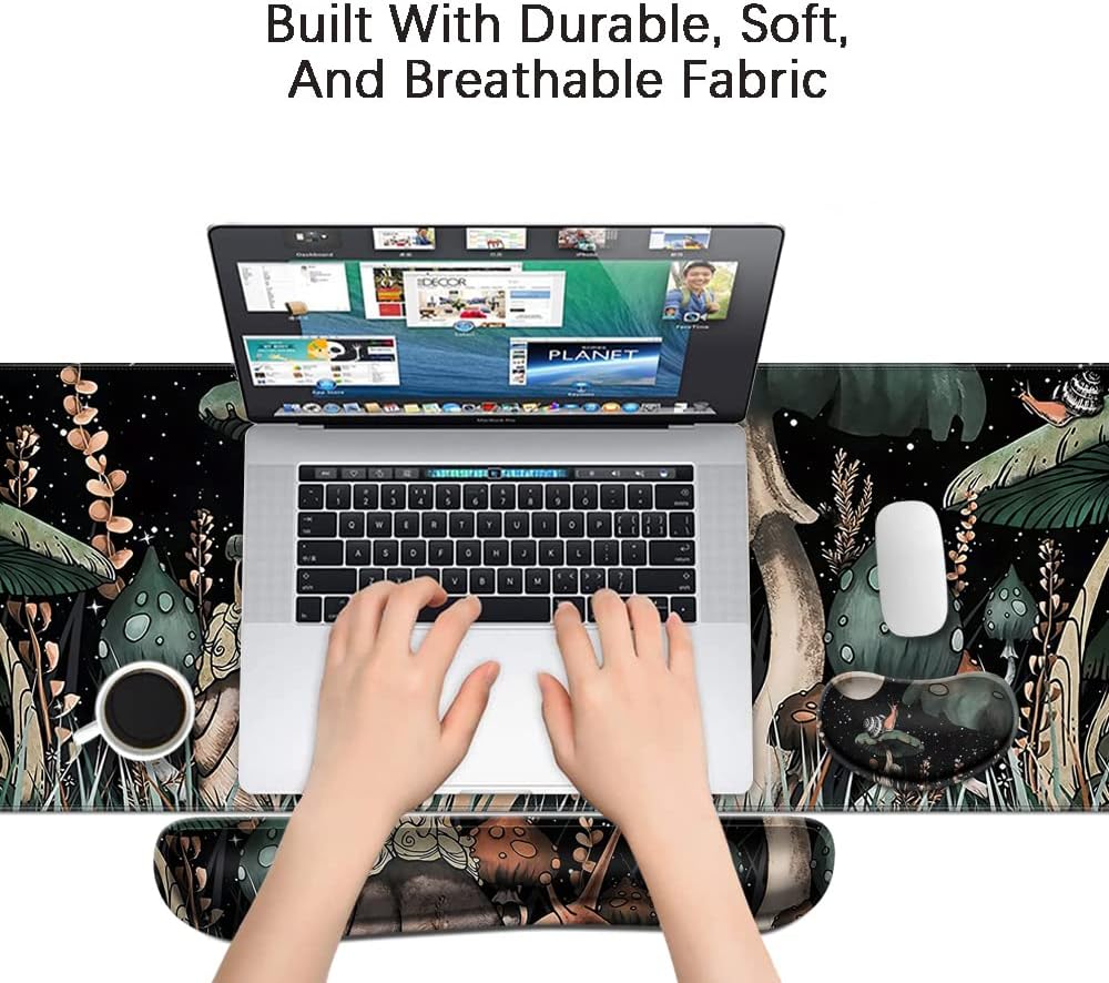 MIBITRI Keyboard Mouse Pad Set, Extended Gaming Mouse Pad+Ergonomics Keyboard Wrist Rest Support, Memory Foam, Easy Typing Pain Relief, 4Pcs XXL Ultra Thick Desk Mat, Enchanted Bookshelf