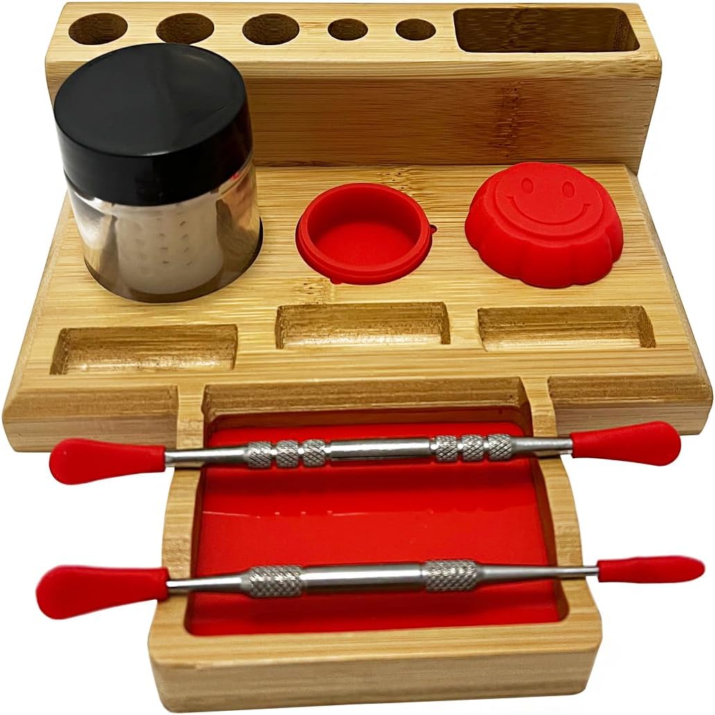 Bamboo Desk Organizer,Carving Tool Organizer with Non-sticky Mat and Silicone Container (21 x 16 x 4.5cm)