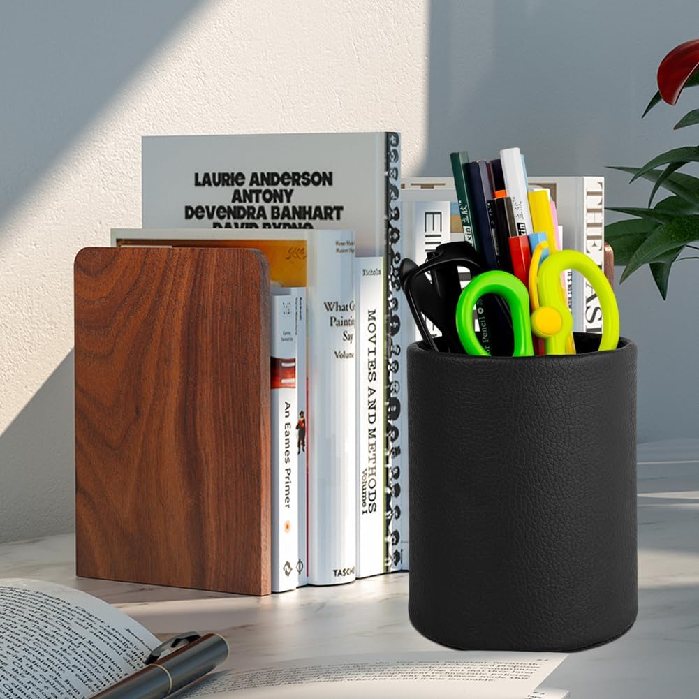 Leather Pen Holder, Brown Pencil Holder, Desktop Elegant Pen Holder for Desk, Stationery Organizer for School Office Home Dorm (3.3" x 3.3" x 4", Brown)