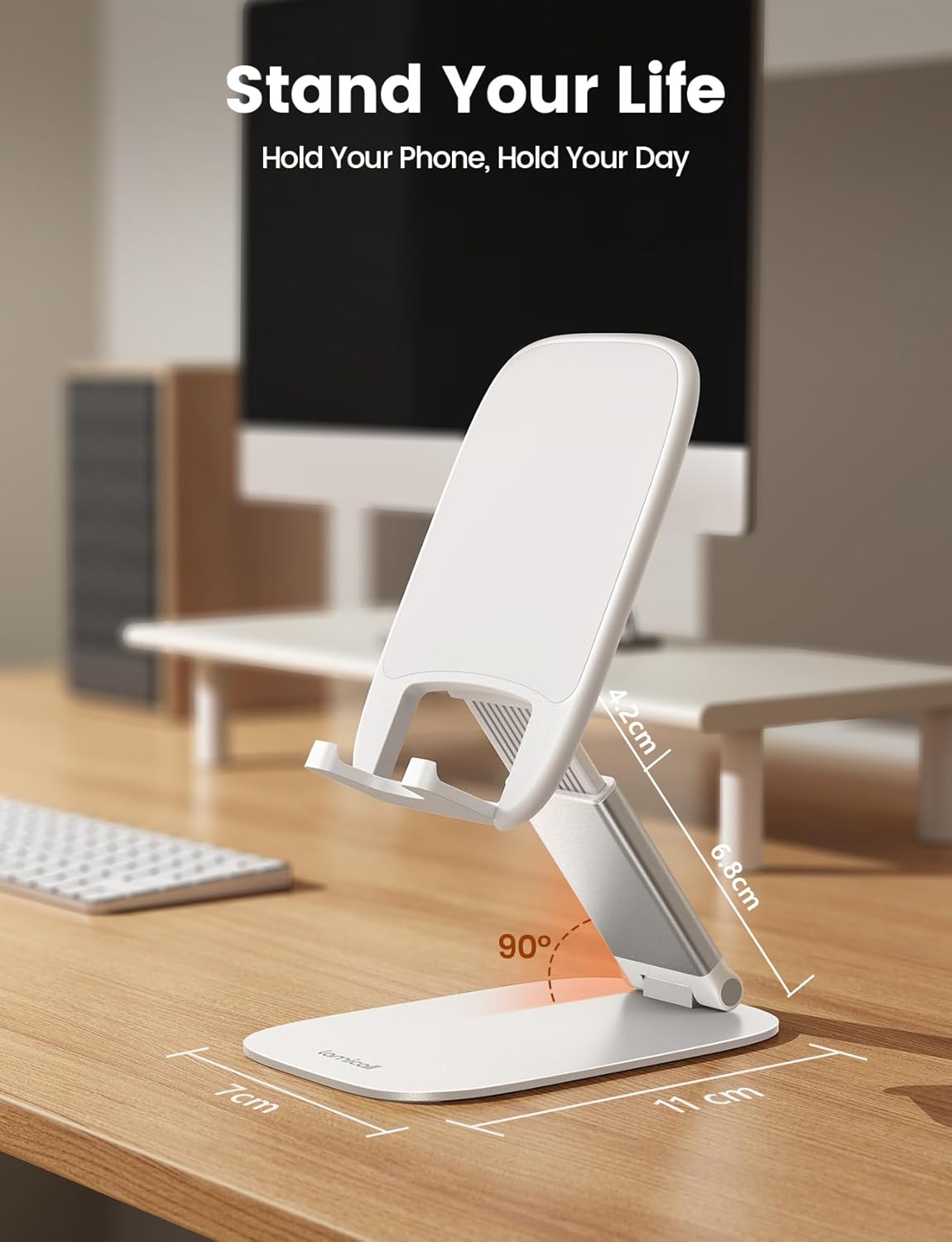 Lamicall Foldable Cell Phone Stand for Desk - [Ultra Thin] Portable Travel Holder, Height Adjustable, Weighted Metal Base, Thick Case Friendly for iPhone 17 16 15 Pro Max, Galaxy S26, Gift Mothers Day