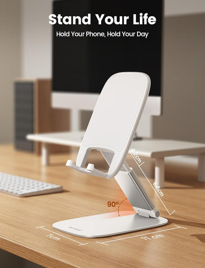 Lamicall Foldable Cell Phone Stand for Desk - [Ultra Thin] Portable Travel Holder, Height Adjustable, Weighted Metal Base, Thick Case Friendly for iPhone 17 16 15 Pro Max, Galaxy S26, Gift Mothers Day