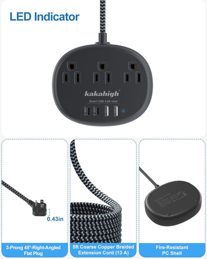 Pink Extension Cord with Surge Protected 1080J - 5 FT Kawaii Power Strip, 1625W Cute Extension Cord with 3 AC Outlet 4 USB (24W/4.8A), Compact for Cute Pink Kawaii Desk Home Essentials