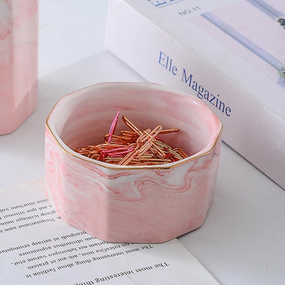 Aesthetic Desk Organizer Set of 2 For Office, Checkered Pen Holder and Paper Clip Holder Dispenser, Ceramic Cute Pencil Cup, Desktop Accessories, Office Decor, Ideal Gifts for Mom (Pink-White)