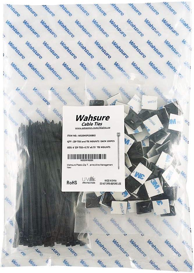 Strong Self Adhesive Wire Clips Cable Zip Tie Mounts 1" with 8 Inch Zipties Black UV Protection Outdoor 100 Pcs,Sticky Wire Fasteners Cable Guide Management Mounting Suqare Holder Anchor Base large