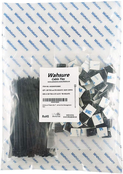Strong Self Adhesive Wire Clips Cable Zip Tie Mounts 1" with 8 Inch Zipties Black UV Protection Outdoor 100 Pcs,Sticky Wire Fasteners Cable Guide Management Mounting Suqare Holder Anchor Base large