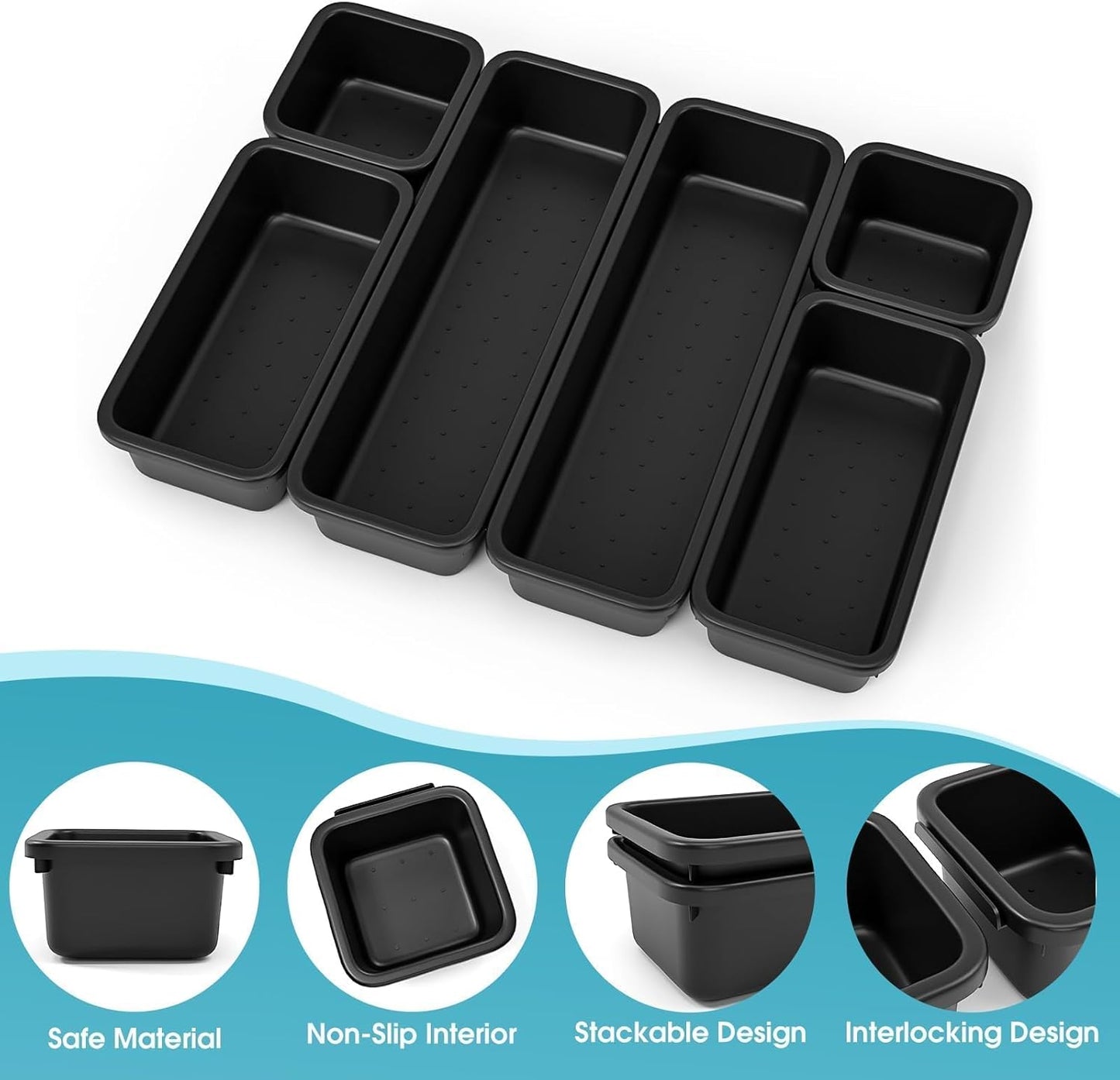 StoreHappily 10 PCS Drawer Organizer Set, 4 Size Makeup Drawer Divider Organizer With Non-Slip Pads, Interlocking Plastic Storage Bins for Office,Jewelry Vanity,Gadgets, Bathroom,Kitchen, Black