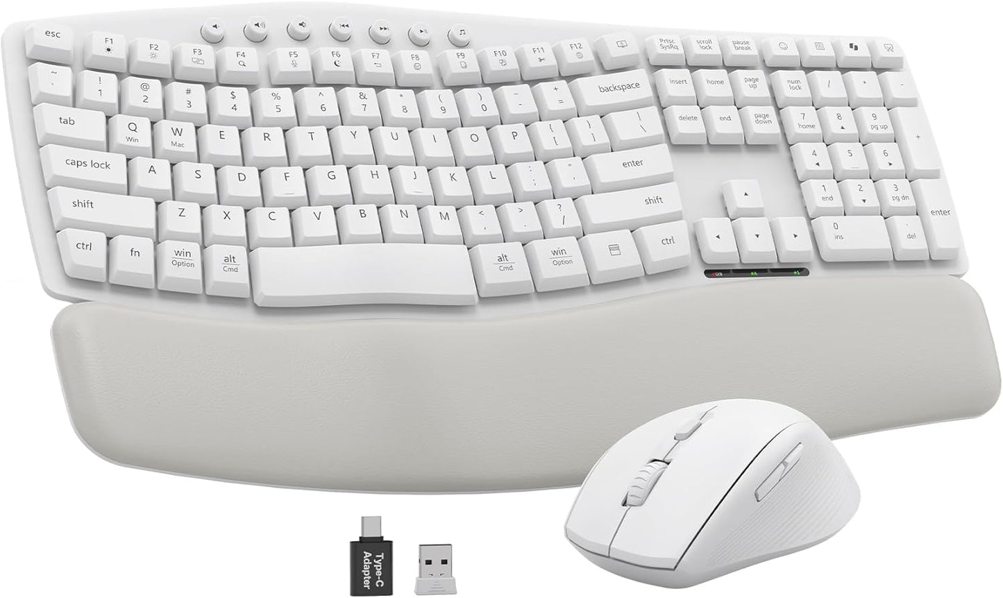 Wireless Keyboard and Mouse Combo, SABLUTE MA41 30dB Quiet Ergonomic Wave Keyboard Set with Soft Leather Palm Rest, Dual-System Switch for Windows/Mac, Ideal for Business Teams Home Office