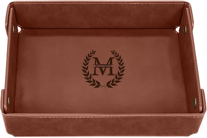 Engraved Leather Valet Tray for Men – Personalized Catchall with Custom Name for Desk, Dresser, Nightstand – Men's Organizer Tray for Keys, Wallet, Jewelry, Personalized Gift for Home, Office - Coffee