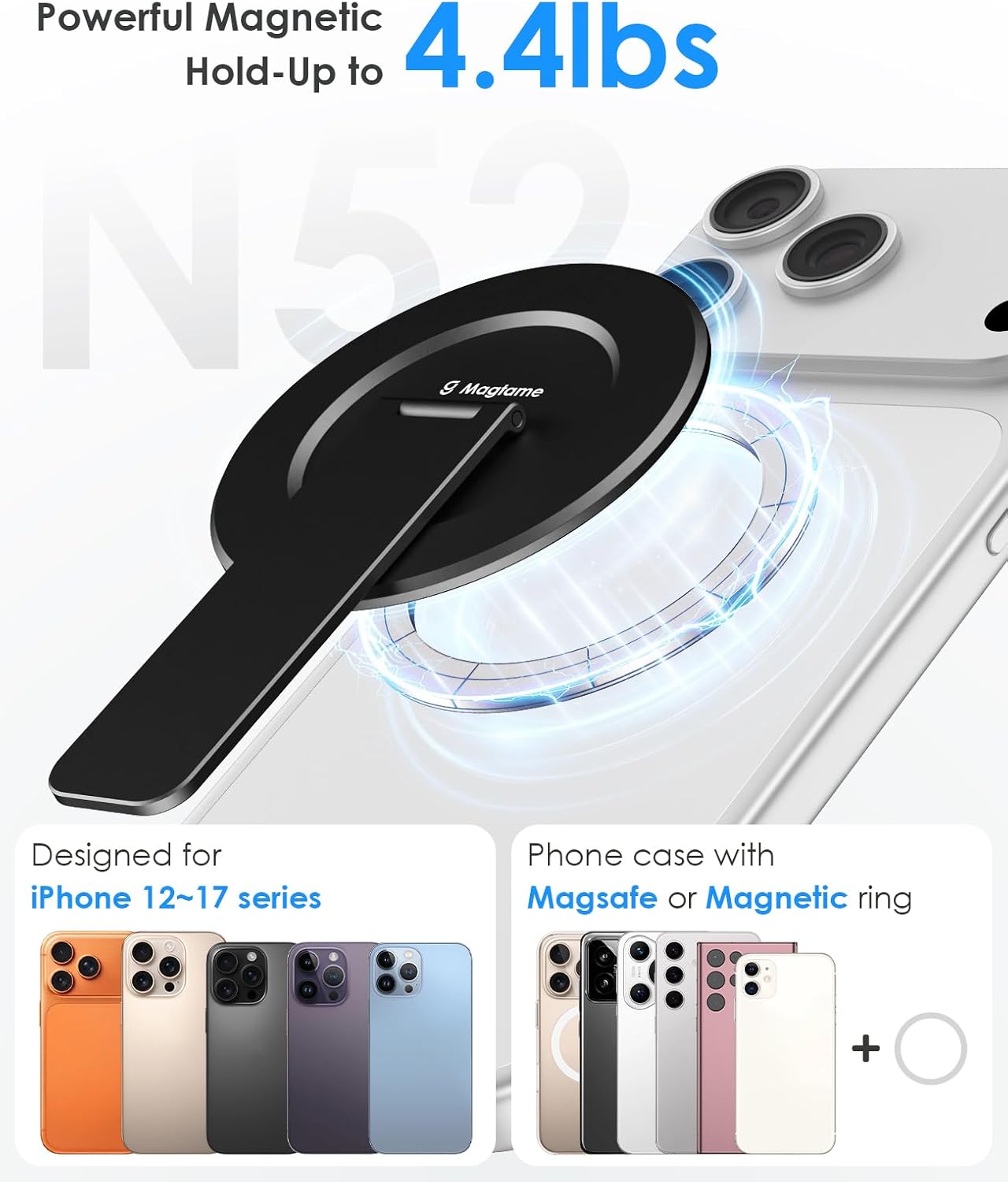 Magtame Double-Sided Magnetic Phone Stand Grip, Strong Magnetic Kickstand Desk Holder for Mag&Safe and Smartphone, Foldable Adjustable Design, Silver