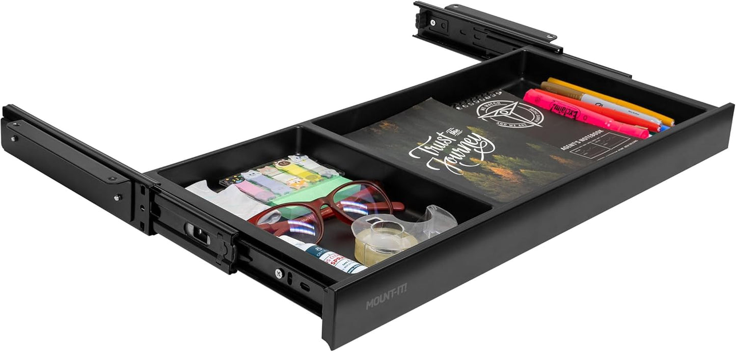 Mount-It! Under Desk Drawer Organizer with 2 Compartments, Shallow Low-Profile Slide-Out Desk Tray, 20.7″ x 8.9″ x 1.8″, Pull-Out Pencil Drawer for Traditional & Standing Desks - Black