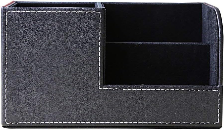 KINGFOM Desk Organizer Office Supplies Caddy Pu Leather Multi-function Storage Box Pen/Pencil,Cell phone, Business Name Cards Remote Control Holder with Small Drawer Black