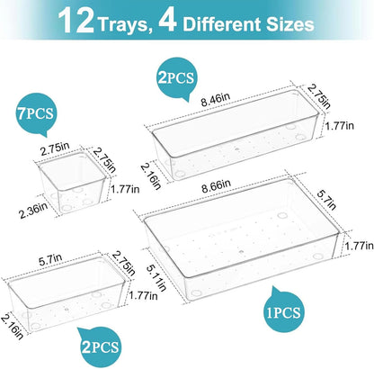 Manalete Drawer Organizers Set of 12, 4 Sizes Clear Plastic Drawer Organizers and Storage Bins for Kitchen, Bathroom, Office, Dresser Desk Drawer Organizer Tray for Jewelry, Makeup, Junk, Gadgets