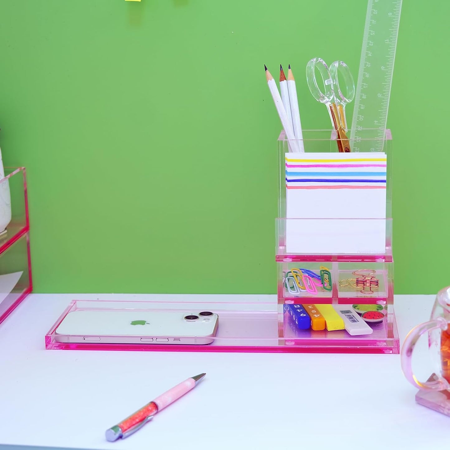 Clear Acrylic Desk Organizer 4-Piece Desk Kit + Free Complimentary Acrylic Ruler, Desktop Organization for Office or Home