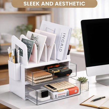 LALOBLUE Acrylic Desk Organizer with Drawer and Vertical File Holder, Desk Organizers and Accessories, Multi-Functional Office Supplies Organizer for Home or Work Desk, White
