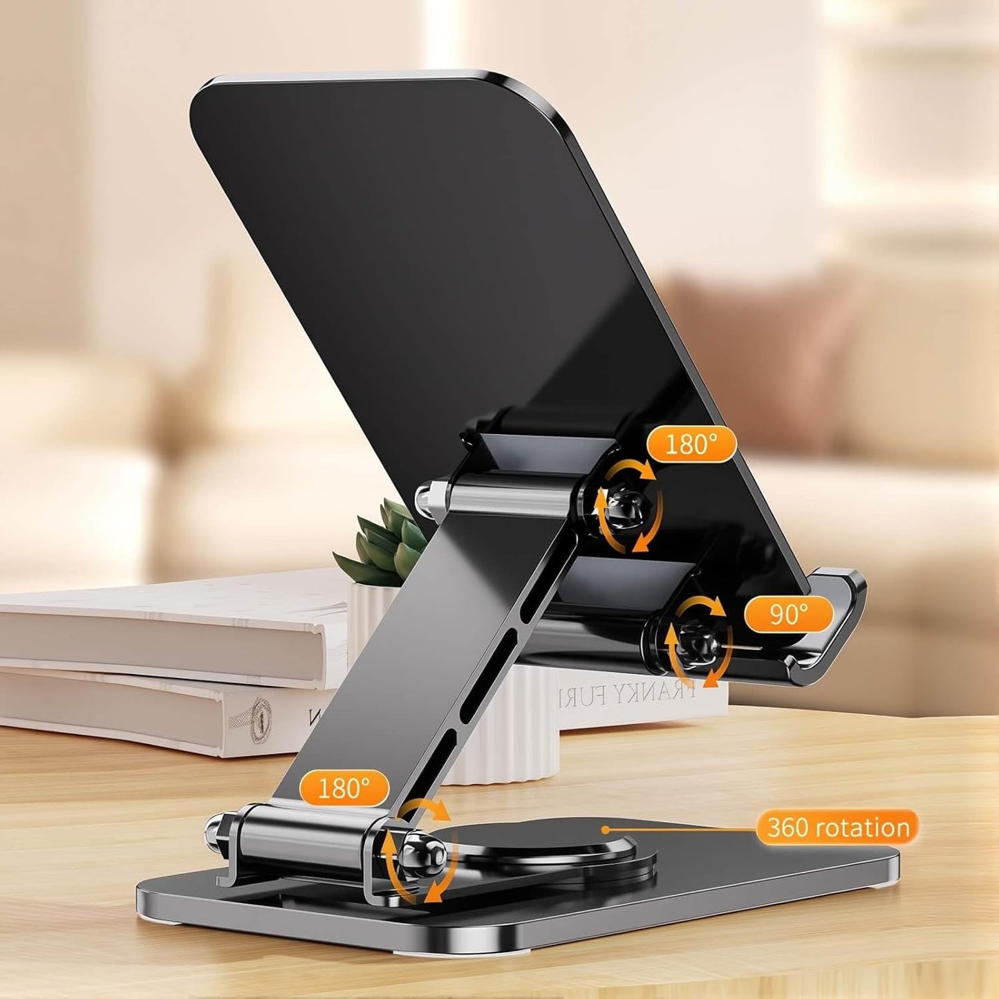 4 Joints 360° Rotating Cell Phone Stand for Desk, Adjustable Folding Phone Stand, Aluminum Alloy Arms & Steel Base, Non-Slip Silicone Pads, Scratch-Free for iPhone & Android, Black