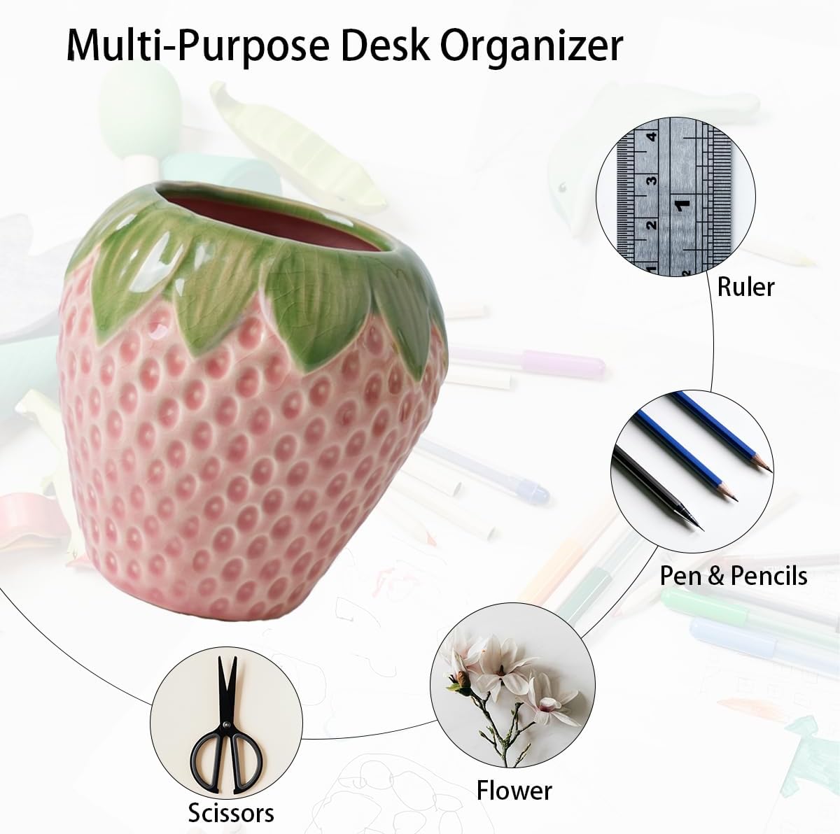 Strawberry Pencil Holder, Cute Pen Holder for Desk, Ceramic Pen Holder, Stand Makeup Brush Holder, for School, Home, Office Desk Decor(Pink)