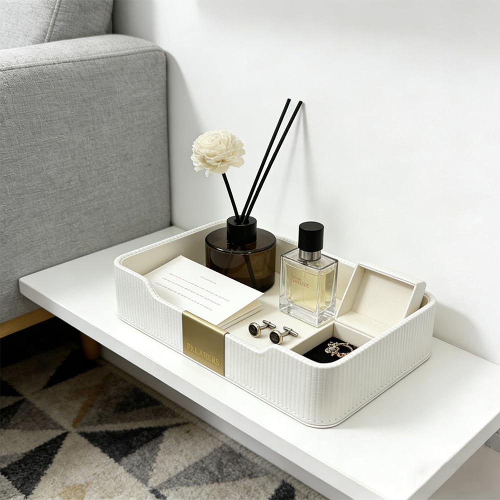 Valet Tray Nightstand Storage Organizer - PU Leather Desktop Storage Organizer Fits Cosmetics Perfume Skincare Lipsticks for Dresser Vanity, Catchall Tray for Watch Wallet Phone Keys|Beige