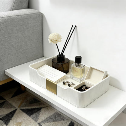 Valet Tray Nightstand Storage Organizer - PU Leather Desktop Storage Organizer Fits Cosmetics Perfume Skincare Lipsticks for Dresser Vanity, Catchall Tray for Watch Wallet Phone Keys|Beige