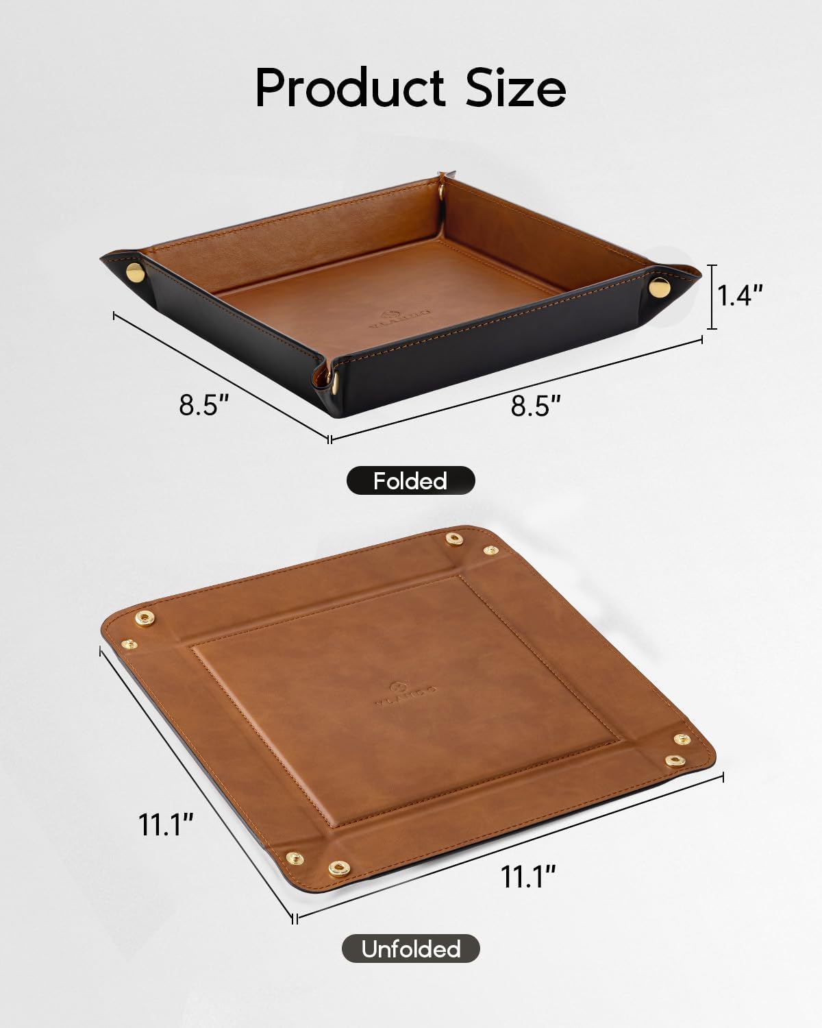 VLANDO Valet Tray for Men Women, Nightstand Organizer Vanity Catchall Holder for Dresser Desk Storage Bedside, Travel PU Leather Jewelry Key Bowl Coin Watches and Candy Entryway Tray - Large, Brown