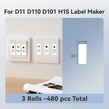 NIIMBOT D11 Label Tape D110 Label Maker Papers 3Rolls Cable Labels, Self-Adhesive Labeling Tape 0.47" X 4.29" (12 X 109mm) Cable Label Refills for Home Office Circuit Box, 195 Labels/3Rolls, White
