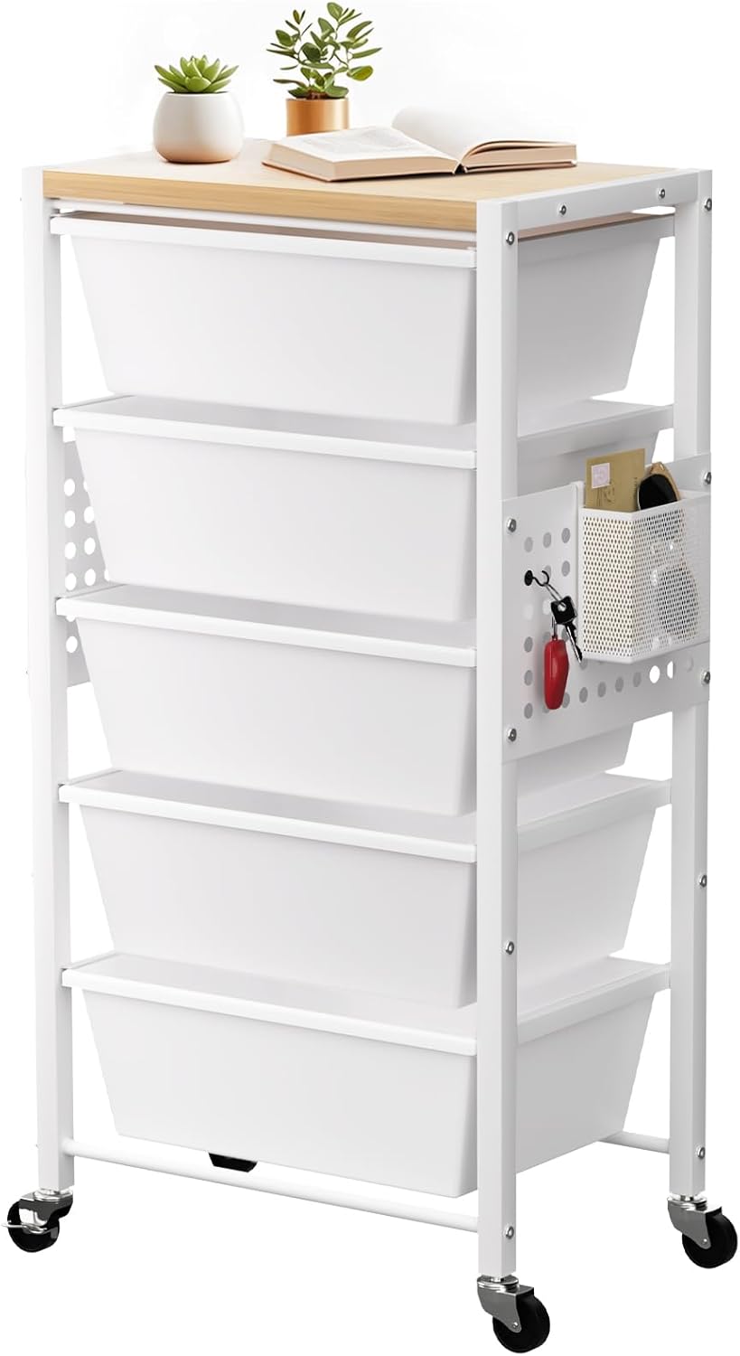 Rolling Cart with 3 Drawers, Plastic Drawer Storage Carts with Lockable Wheels & Wooden Tabletop, Metal Utility Cart Organizer, Office Bedroom Classroom Craft Organization and Storage, Bright White
