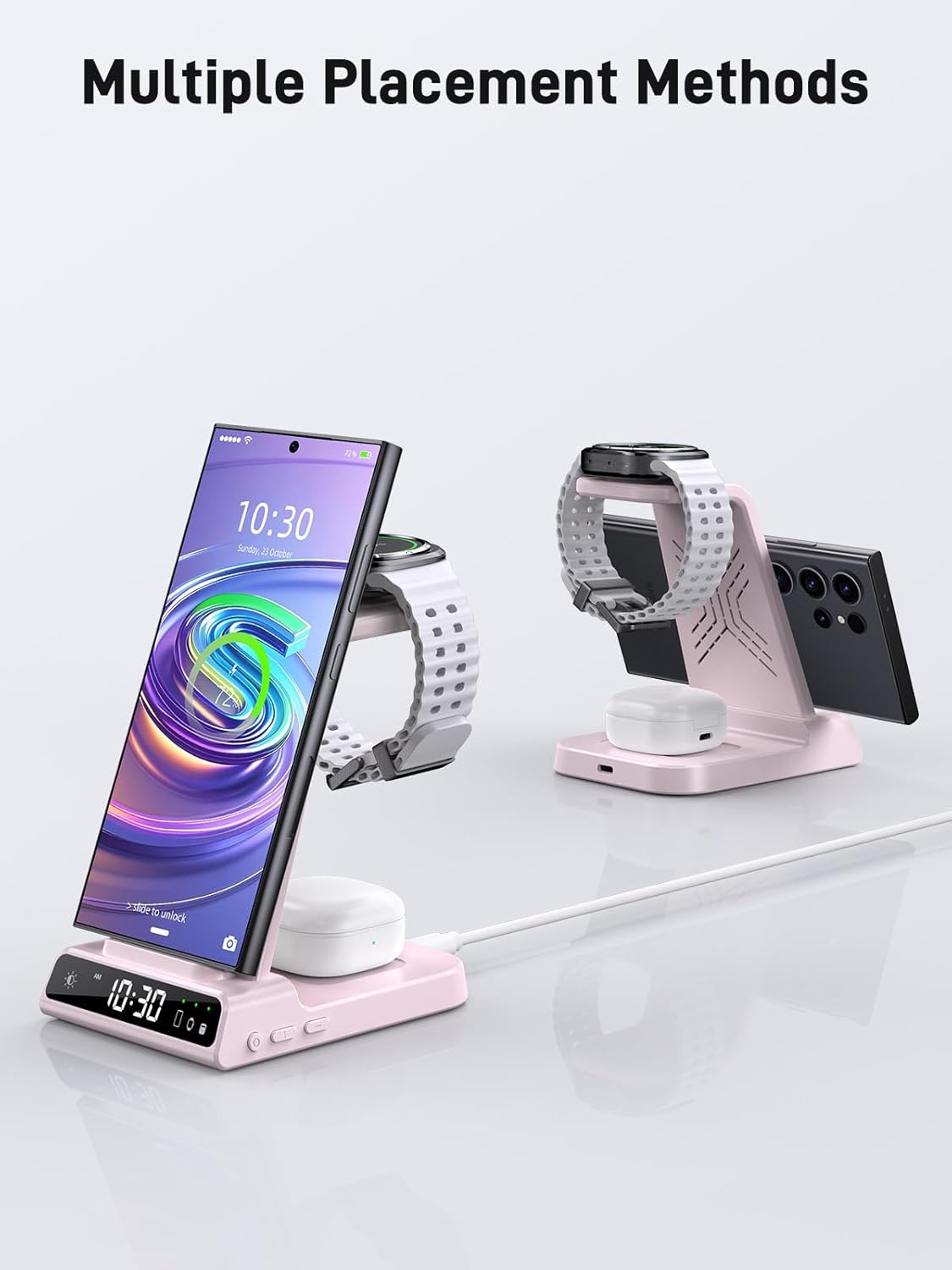 Wireless Charger for Samsung Charging Station: 3 in 1 Android Charging Stand with Dimmable Clock - Nightstand Organizer for Galaxy S25 Ultra, Galaxy Watch 8 7 6 5 4, Galaxy Buds, Space-Saving Charger