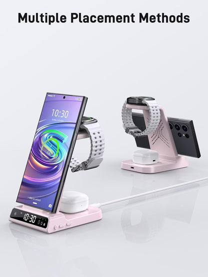 Wireless Charger for Samsung Charging Station: 3 in 1 Android Charging Stand with Dimmable Clock - Nightstand Organizer for Galaxy S25 Ultra, Galaxy Watch 8 7 6 5 4, Galaxy Buds, Space-Saving Charger