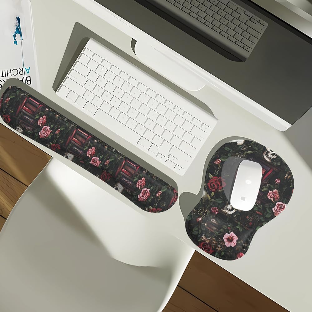 Ghost Book Mousepad with Wrist Rest Halloween Computer Keyboard Mouse Pad Black Cute, Mouse Pad with Wrist Rest for Computer Keyboard, 2 In1 Mousepad with Wrist Support Easy Typing&Relieve Wrist Pai