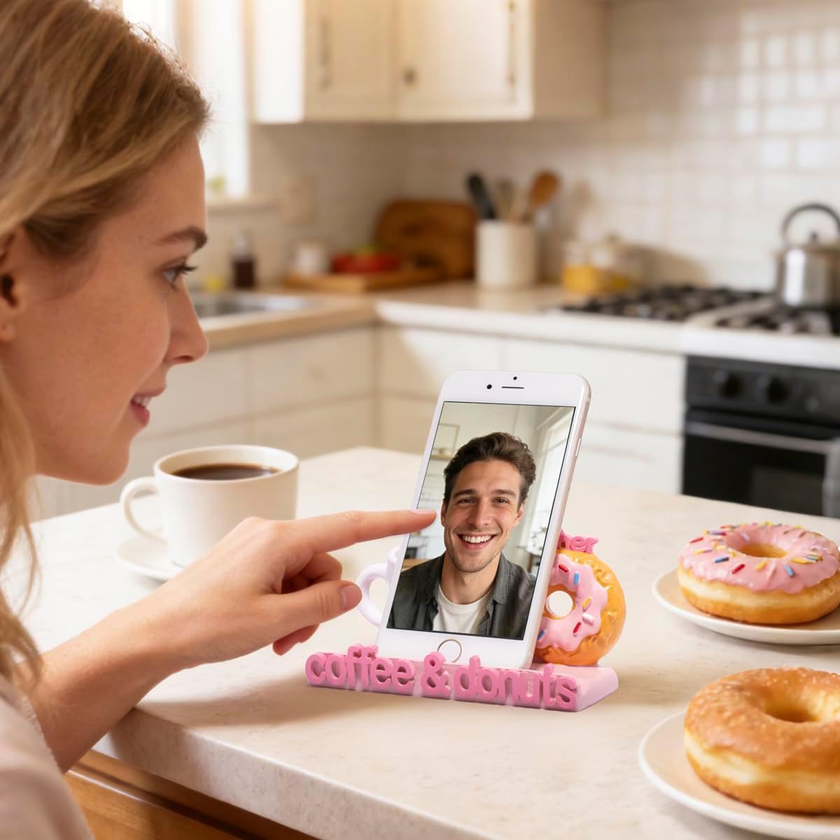 ZAWUU Coffee & Donuts Phone Stand - Cute Resin Phone Holder for Desk, Bedside Table, and Kitchen Counter, Adjustable Vertical & Horizontal Display, Fun Gift for Coffee Lovers, Women, and Teens