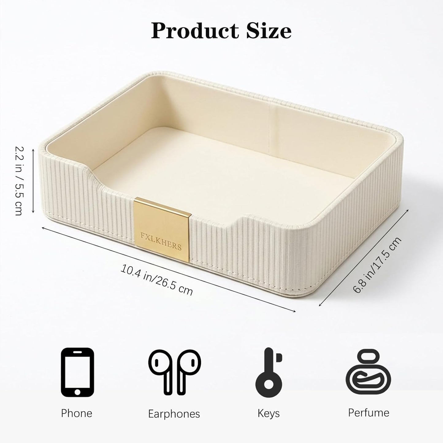 Valet Tray Nightstand Storage Organizer - PU Leather Desktop Storage Organizer Fits Cosmetics Perfume Skincare Lipsticks for Dresser Vanity, Catchall Tray for Watch Wallet Phone Keys|Beige
