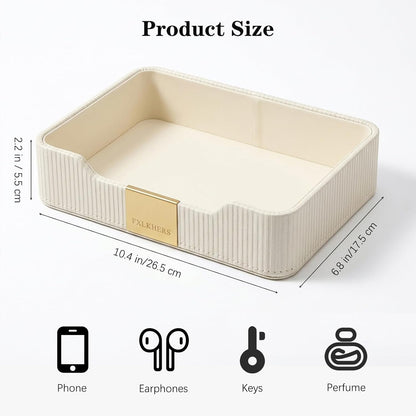 Valet Tray Nightstand Storage Organizer - PU Leather Desktop Storage Organizer Fits Cosmetics Perfume Skincare Lipsticks for Dresser Vanity, Catchall Tray for Watch Wallet Phone Keys|Beige