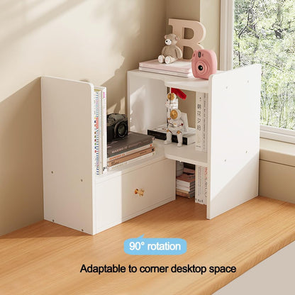 Expandable Wood Desktop Bookshelf, Freestyle Adjustable Wood Display Desk Shelf Counter Storage Rack Top Bookcase for Office & Home (White)