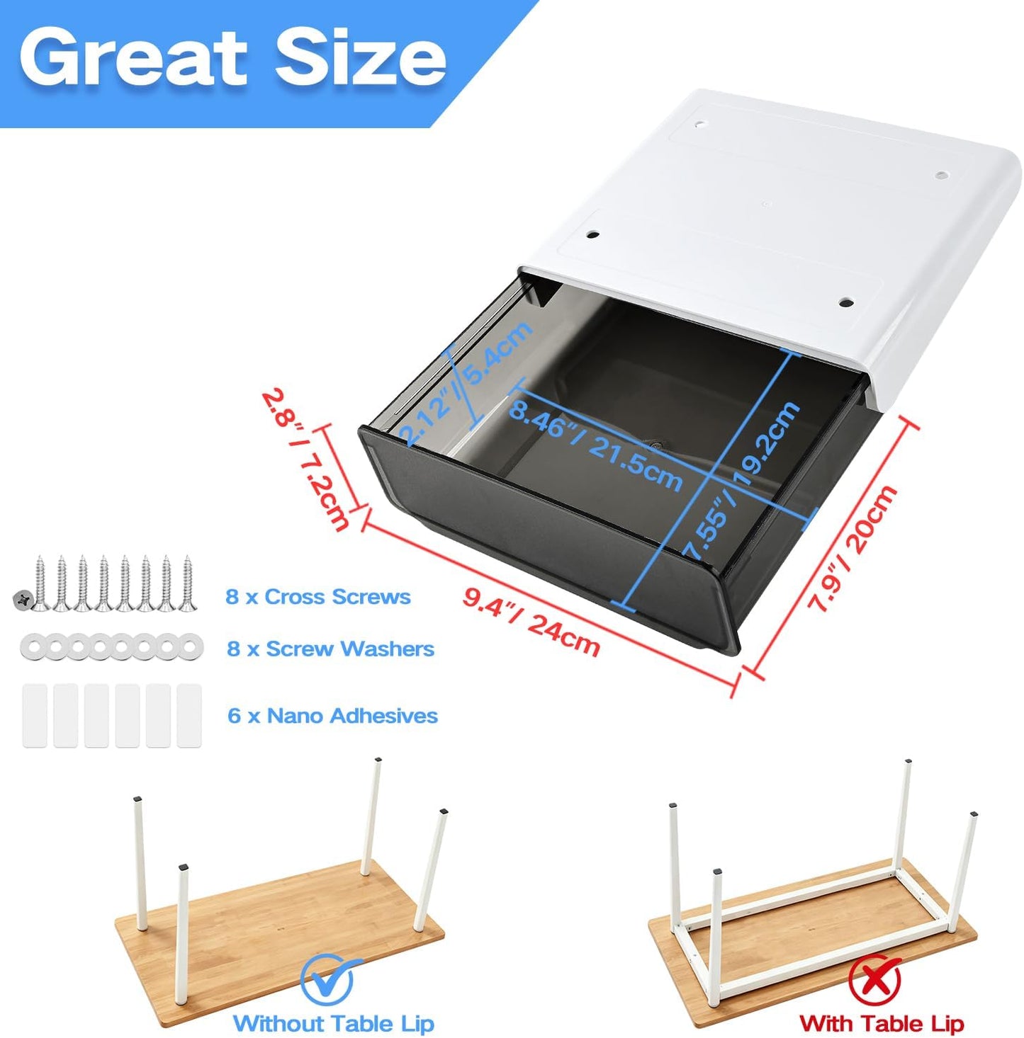 Self-adhesive Under Desk Drawer Organizer, 2 Pack Table Hidden Slide Out Large Storage Mounted Desktop Pencil Holder Tray Drawers for Office Home School Stationery Kitchen (Large, White)