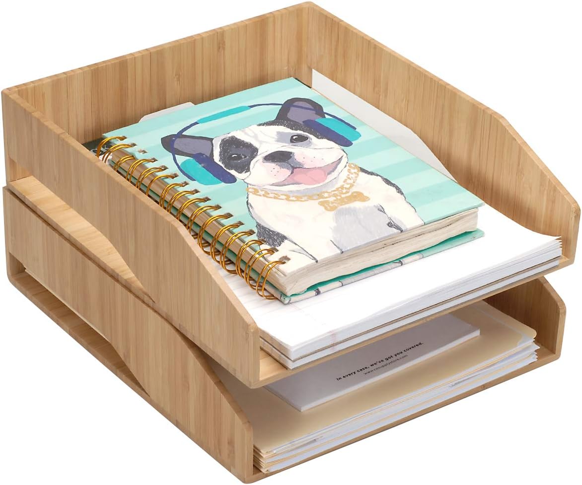MobileVision 2 Pack Stackable Bamboo Paper Tray Office Organizer for Files, Documents, Letter Sorter, Envelopes and Magazine Holder