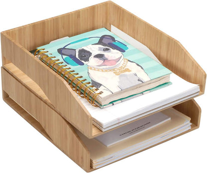 MobileVision 2 Pack Stackable Bamboo Paper Tray Office Organizer for Files, Documents, Letter Sorter, Envelopes and Magazine Holder